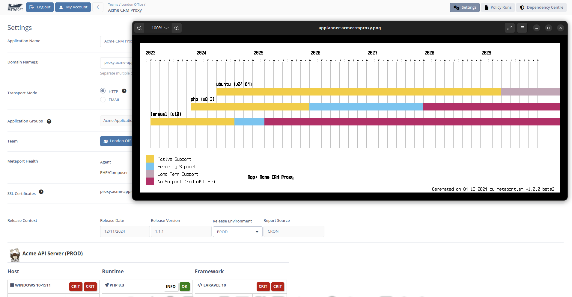 Screenshot of Metaport's maintenance visualisation feature.