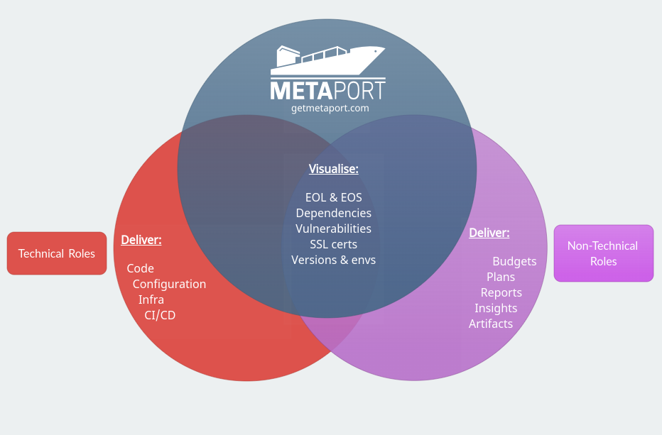 Venn diagram showing the overlap of tasks traditionally associated with engineering roles, with non-engineering roles, which Metaport supports.